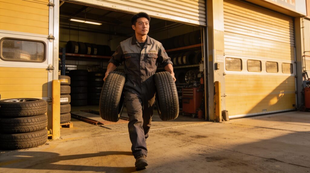 TireGate Agent carrying 2 tires out of garage