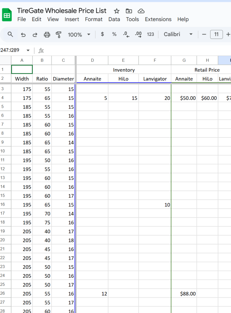 TireGate.ca WholeSaler Price list Example
